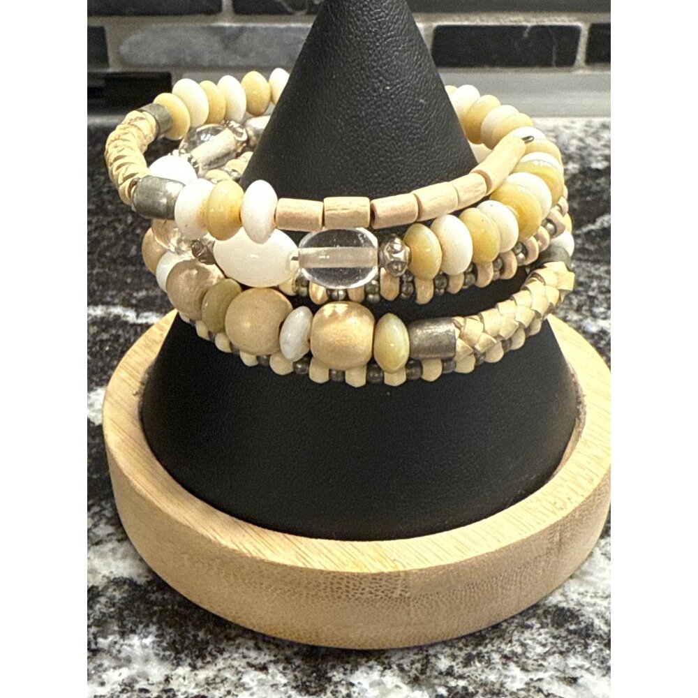 Multi-Strand Stretch Beaded Bracelet With Natural Beige & Metallic Accents
